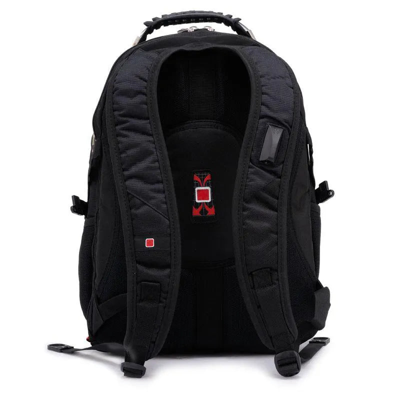 Black 38-litre business laptop backpack with multiple compartments open, showing organiser pockets.