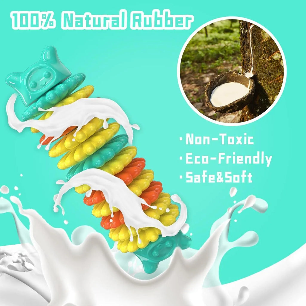 Blue rubber caterpillar-shaped dog chew toy for aggressive chewers on a plain background.