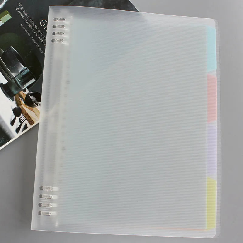 B5 refillable notebook with PP plastic shell in blue, green, pink, yellow, and transparent colours, showing 8-hole binder binding.