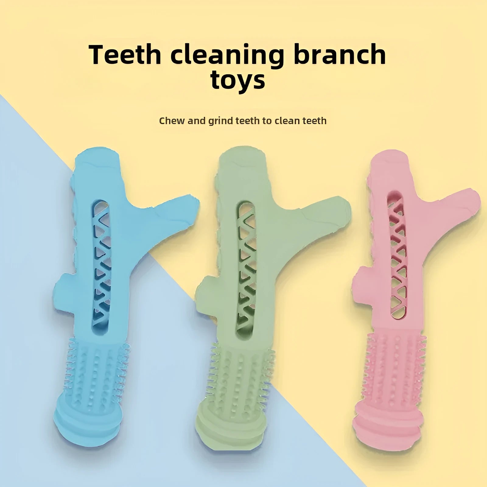 TPR dental tree branch chew toy for small dogs in blue, green, or pink colours.