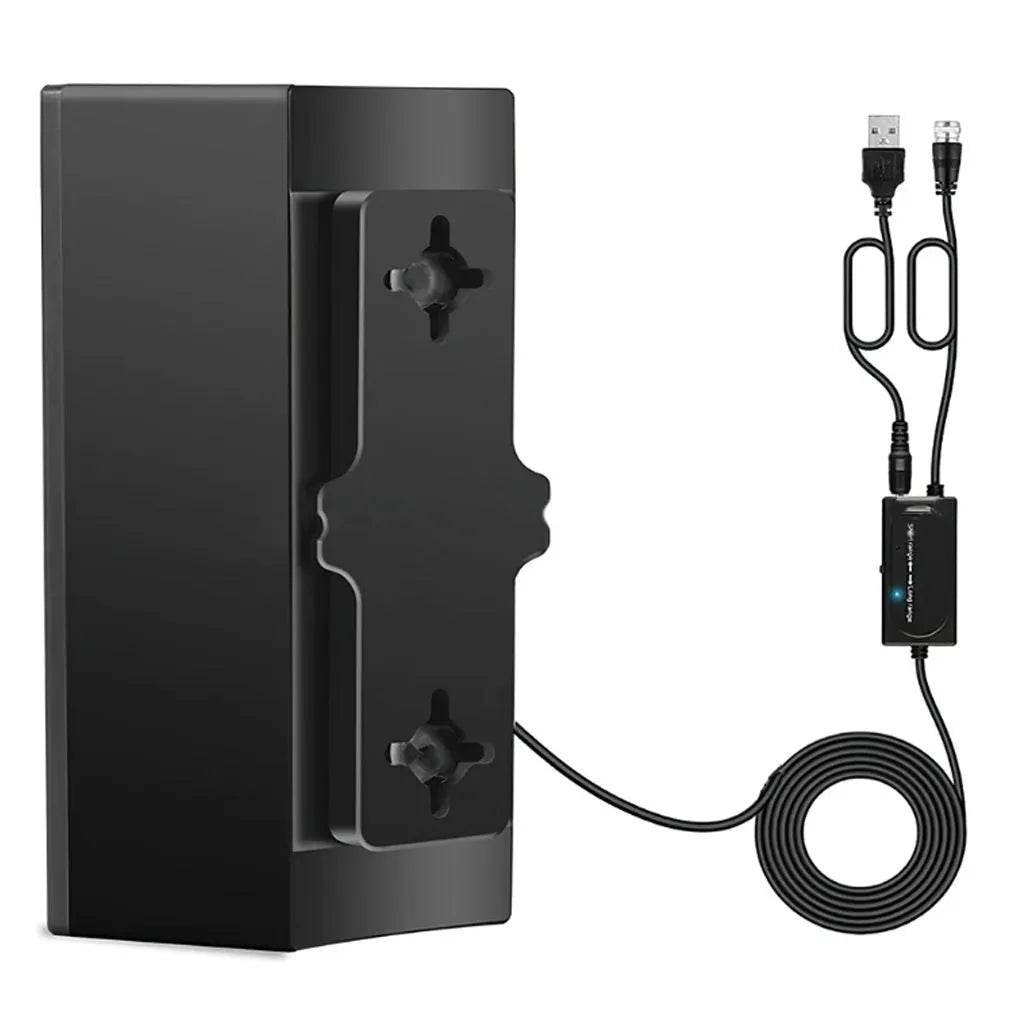 Black plastic digital television antenna with mounting accessories including screws and adhesive tape
