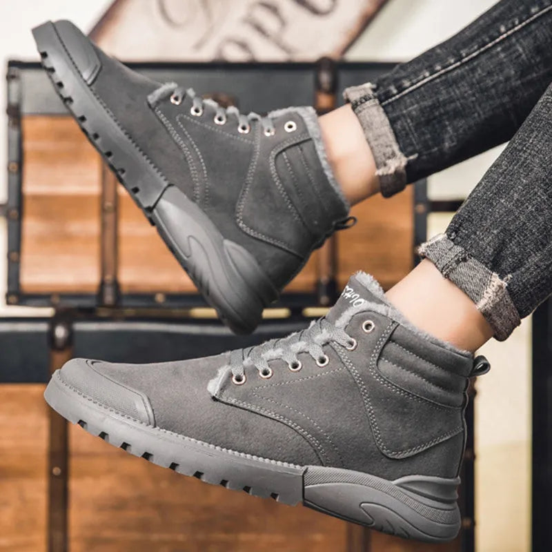 Men's winter warm plush ankle boots with suede upper, rubber sole, round toe, and front tie closure, available in multiple colours