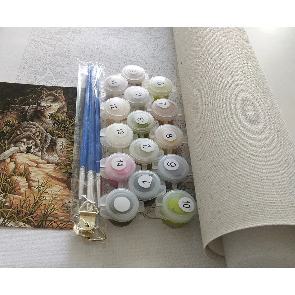 Paint by numbers kit showing landscape design on 40x50cm linen canvas with acrylic paints