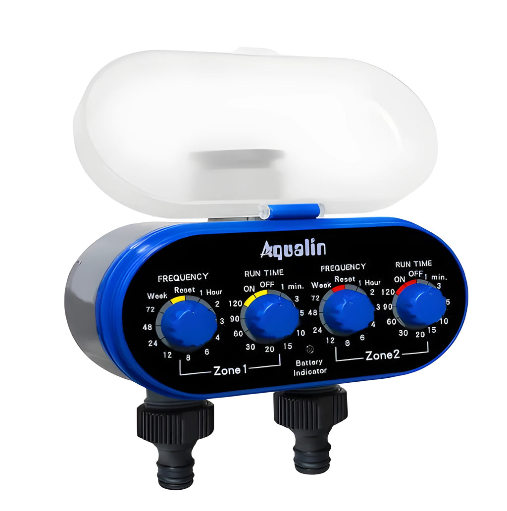 Dual timed irrigation controller device for automatic garden watering with battery compartment