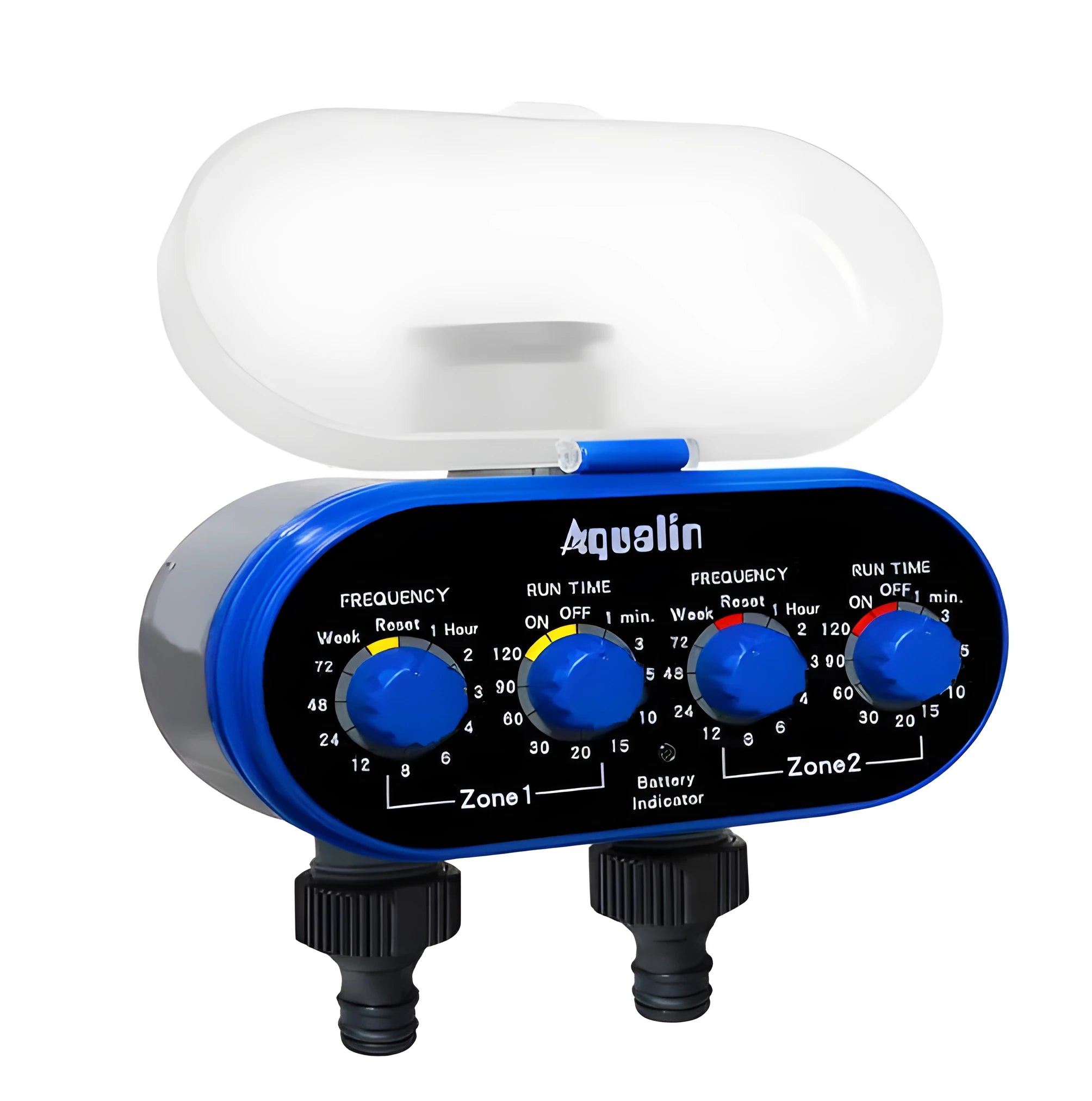 Dual timed irrigation controller device for automatic garden watering with battery compartment