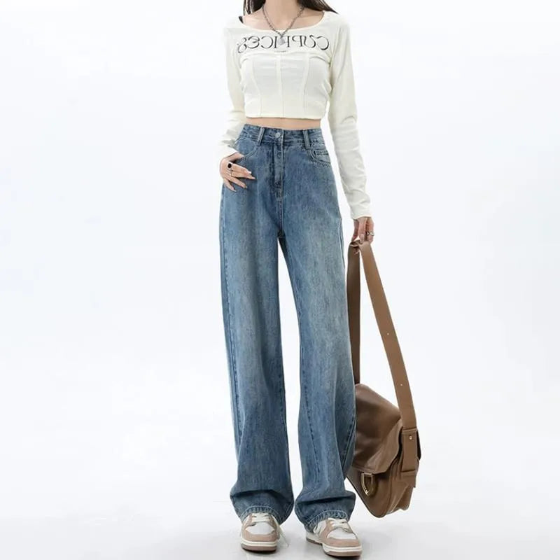 Women's retro blue high-waist wide-leg denim jeans laid flat