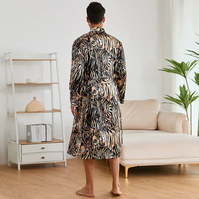 Men's tiger pattern print bathrobe and matching shorts set laid flat.