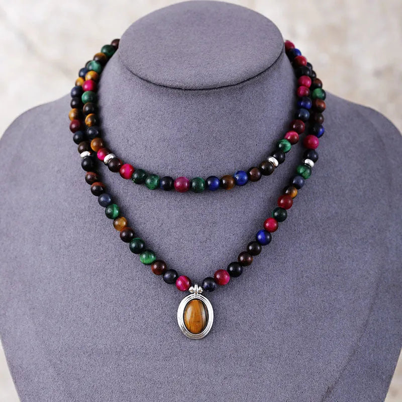 Handmade colour tiger-eye 6mm bead necklace with 108 gemstone-inlaid pendants and matching bracelet.