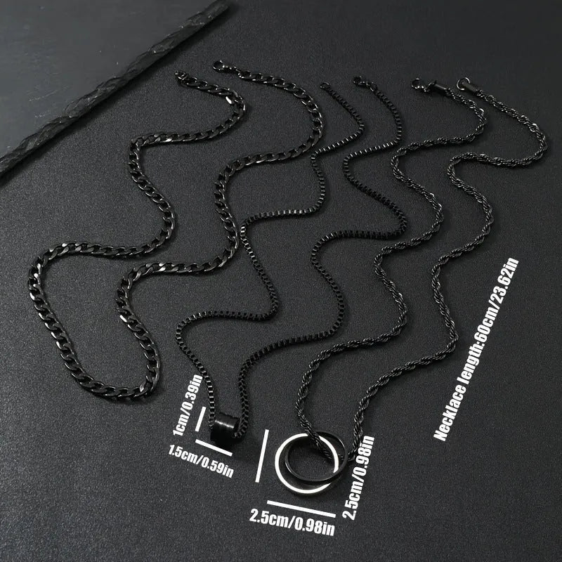Men's black titanium steel ring buckle necklace set with three matching geometric stainless steel chains.