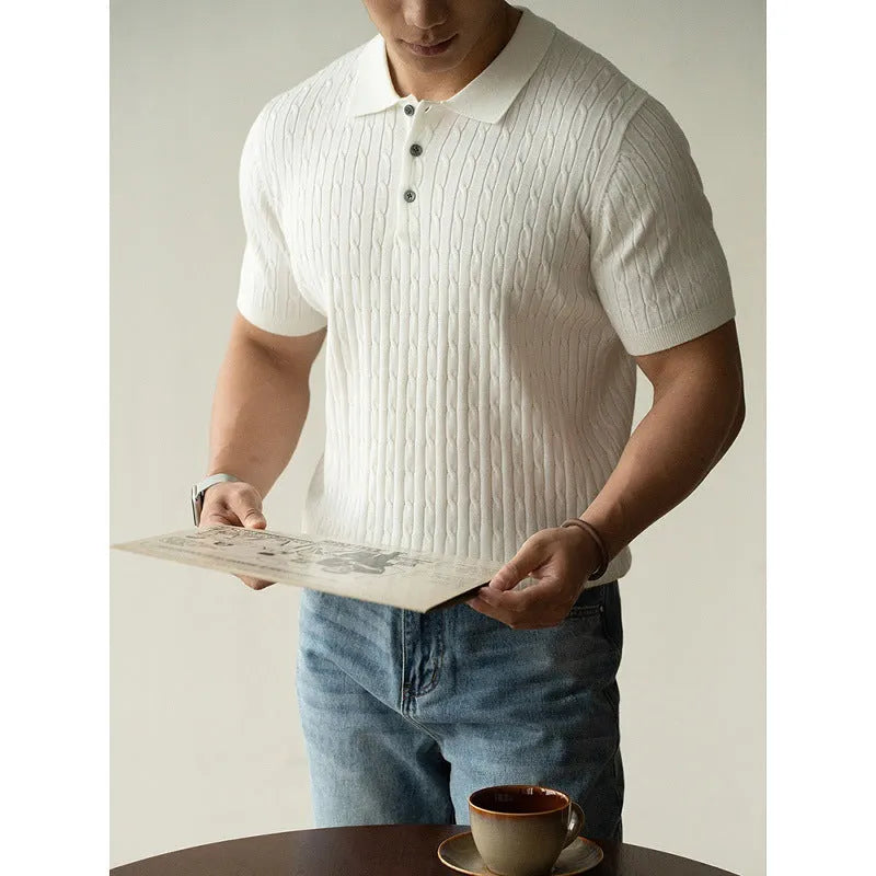 Men's khaki short sleeve top for business wear, showing front view on a model.