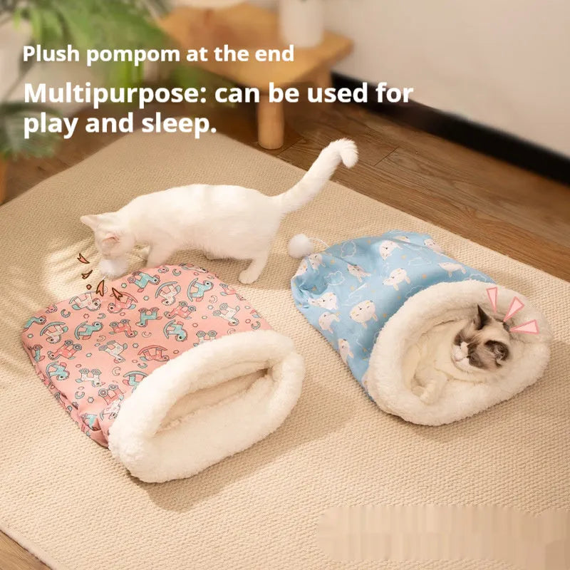 Flannel cat sleeping bag nest in pink, blue, and striped patterns, measuring 50x40 cm.