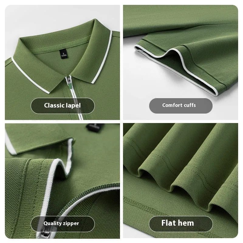 Men's solid colour polo shirt with a short sleeve and a front zipper collar.