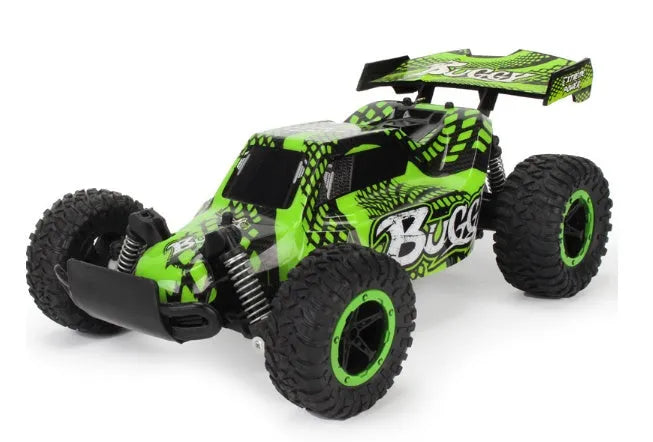 Blue 1:18 scale remote control drift car with 2.4GHz transmitter on black surface