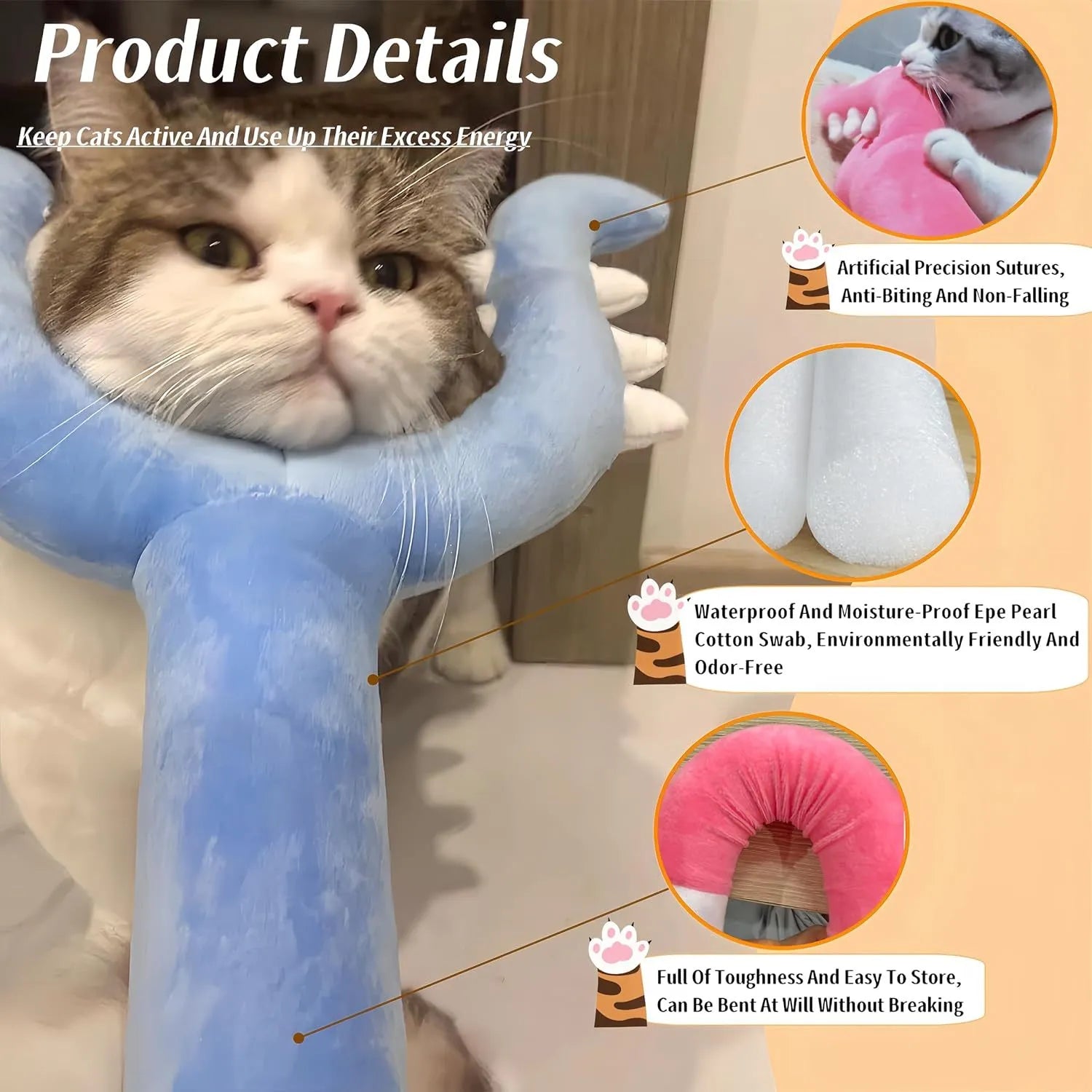 70cm blue plush cat wand toy with foam-filled construction for indoor pet play