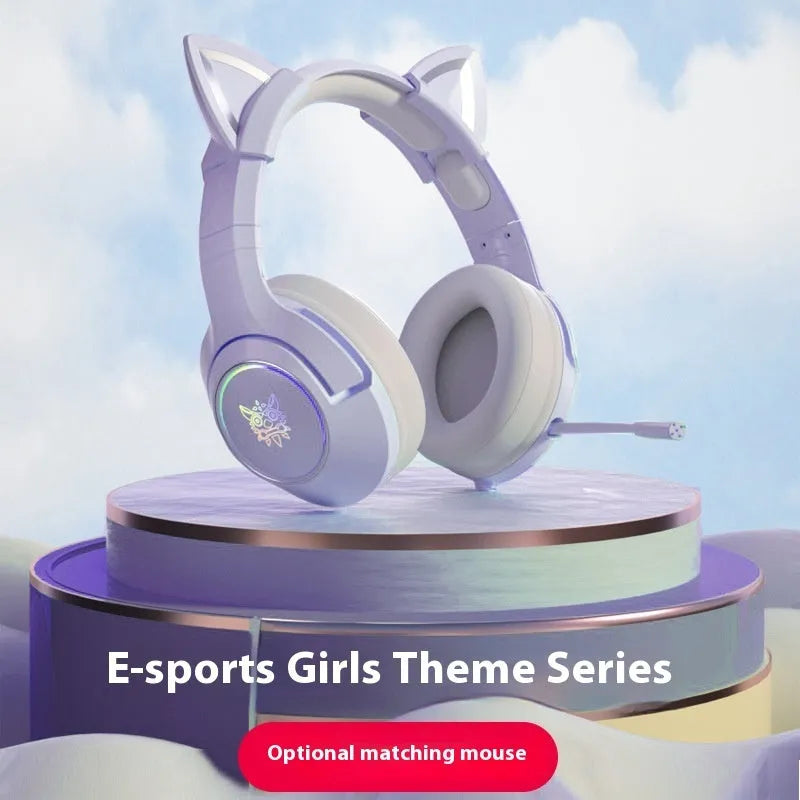 Purple and white mechanical keyboard and mouse combo with backlight illumination and headphones