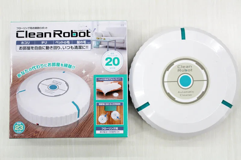 Black and white ABS plastic automatic robot vacuum cleaner on a wooden floor.