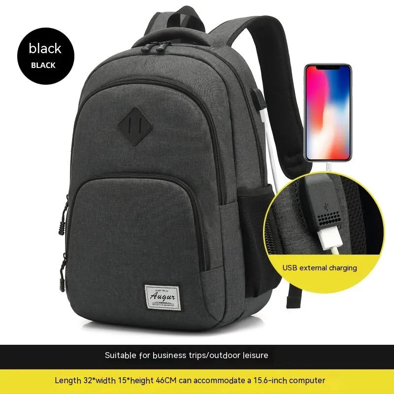 Nylon backpack with USB charging port in black colour showing dimensions and trolley strap