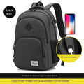 Nylon backpack with USB charging port in black colour showing dimensions and trolley strap