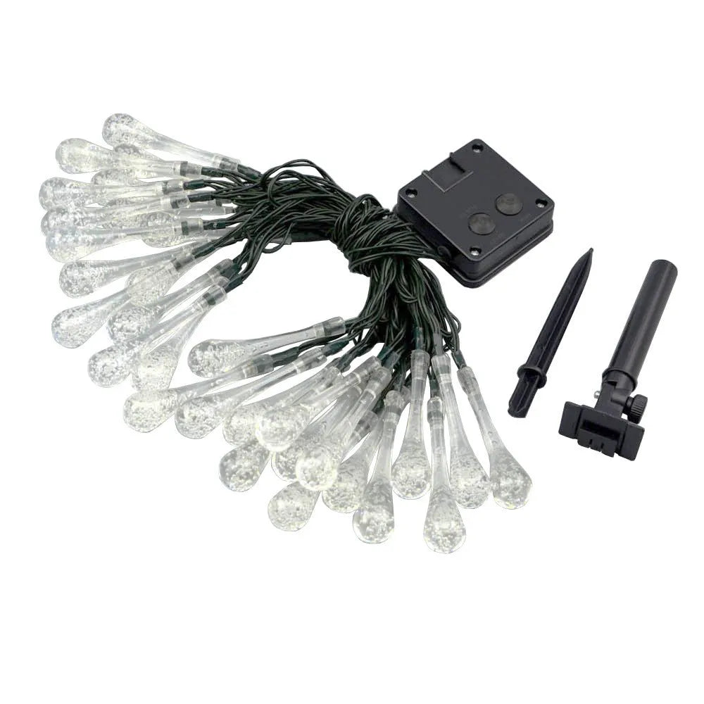 Solar-powered outdoor LED string lights with water drop shaped pendants on a 6.5 metre cable.