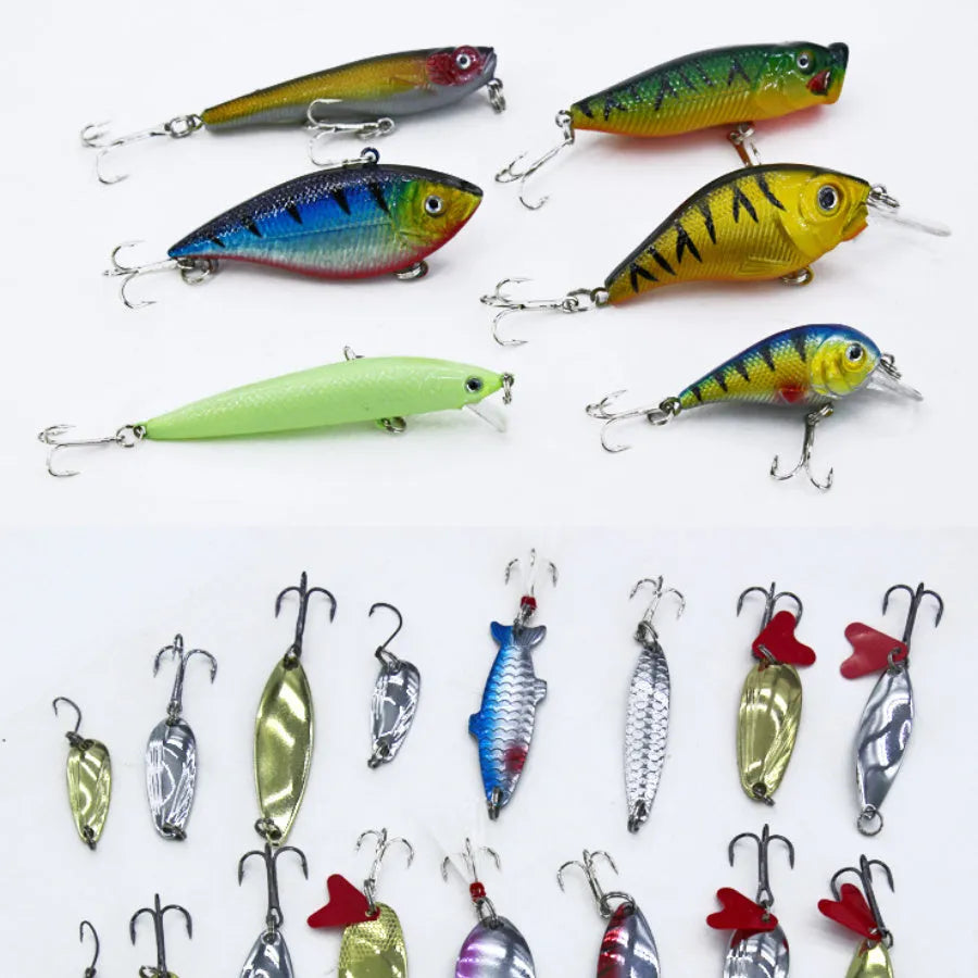 Rose red treasure coloured 132-piece fishing lure suit with soft bait and hooks in an open organiser case.