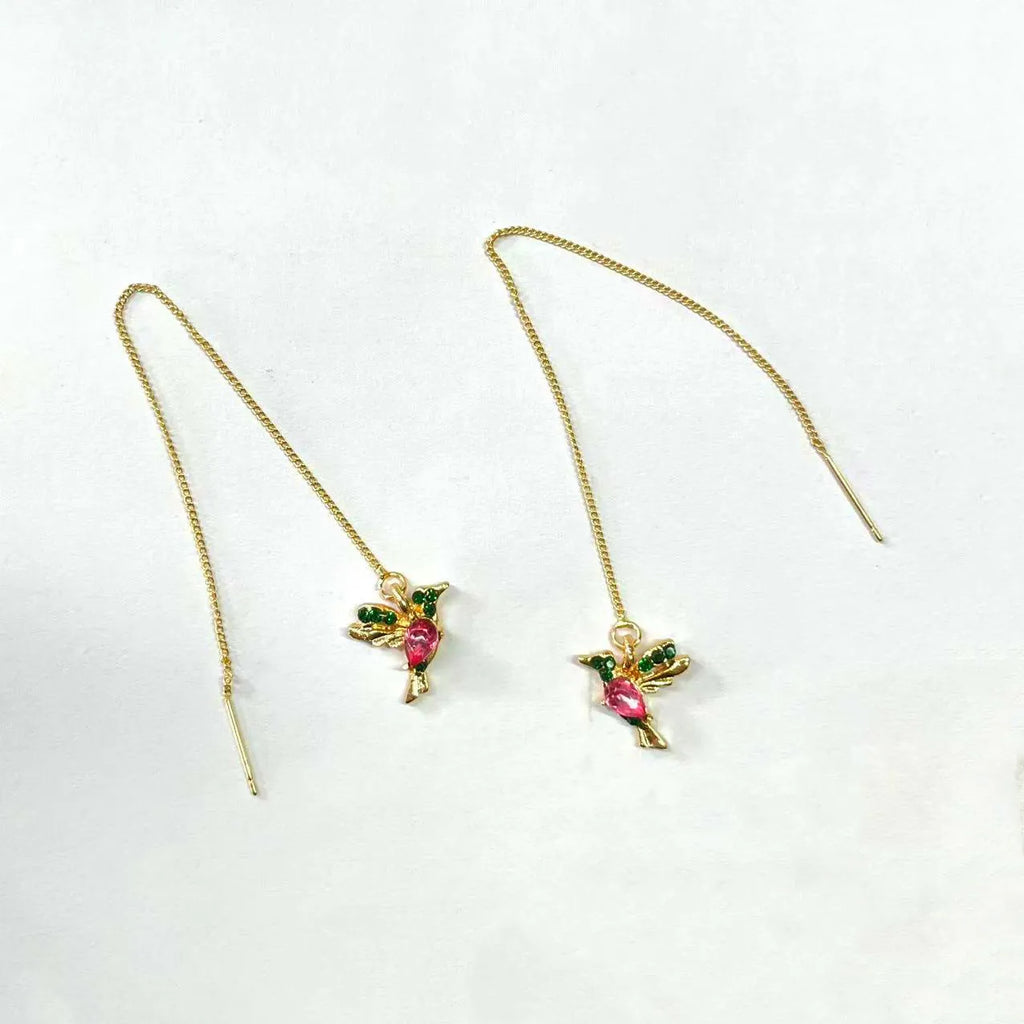 Personalised long drop earrings with bird charm and zirconium wing accents in electroplated colours