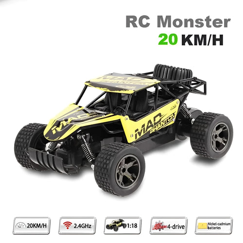Blue 1:18 scale remote control drift car with 2.4GHz transmitter on black surface