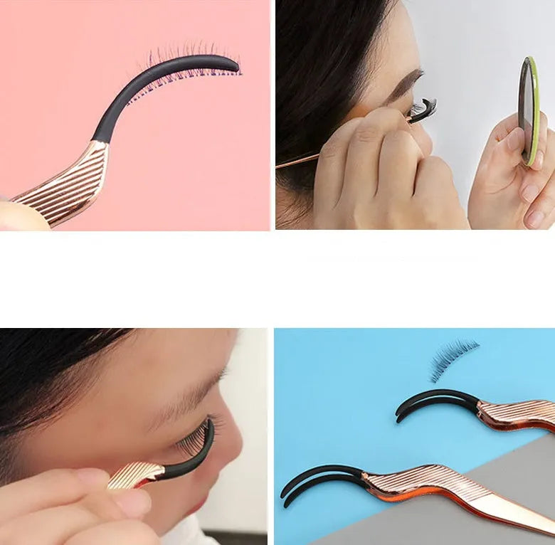 Rose gold metal false eyelash curler aid tool on plain background