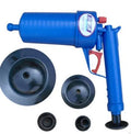 Plastic high-pressure drain blaster gun with four different-sized suction cup adaptors for unblocking pipes