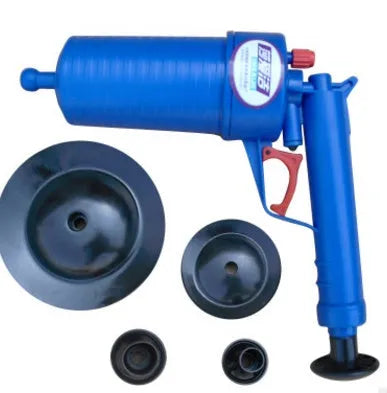Plastic high-pressure drain blaster gun with four different-sized suction cup adaptors for unblocking pipes