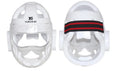 A white, blue, and red karate boxing helmet with chin strap for head protection.