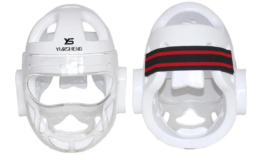 A white, blue, and red karate boxing helmet with chin strap for head protection.
