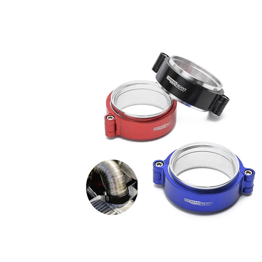 Aluminium fixed movement clamp for car exhaust modification in black, blue, or red.