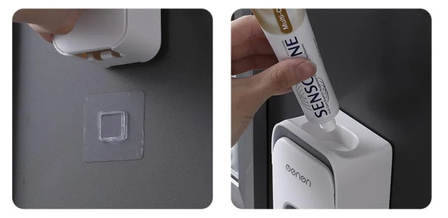Wall-mounted automatic toothpaste dispenser with touch sensor and LED light in blue colour