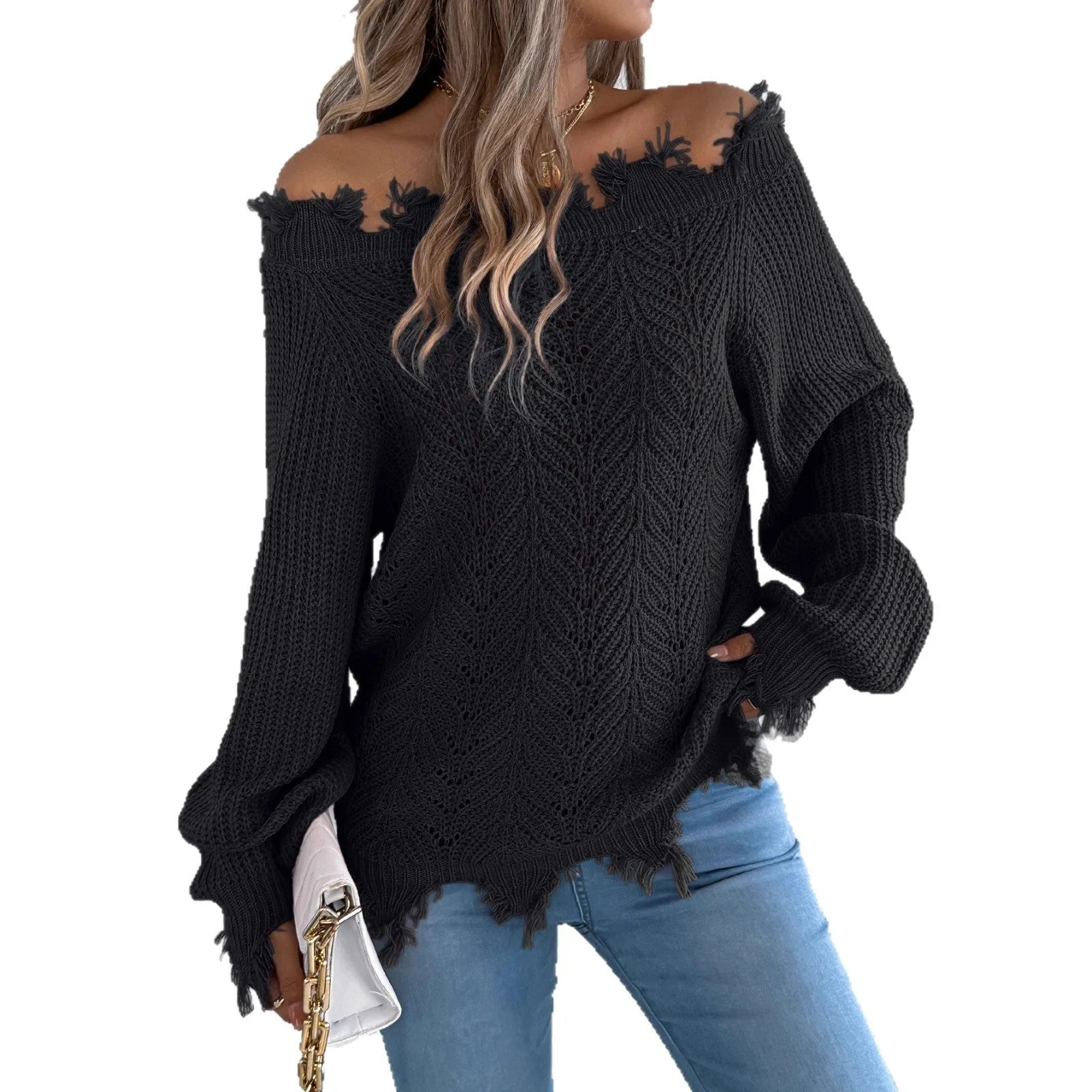 Women's white hollow-out off-the-shoulder long sleeve pullover sweater on a hanger.