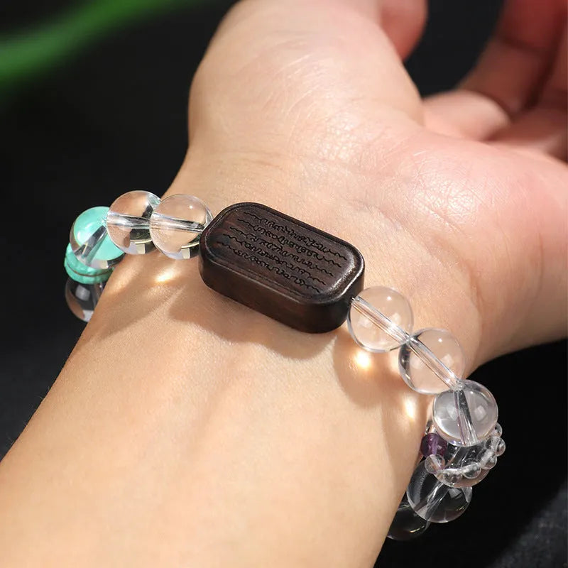 Handmade natural white crystal ebony five warp bracelet showing ethnic style design