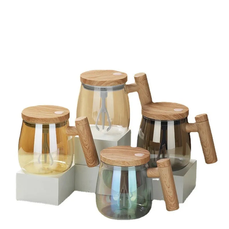 400ml borosilicate glass self-stirring coffee mug with electric mixing button in clear, champagne gold, and rainbow blue colours