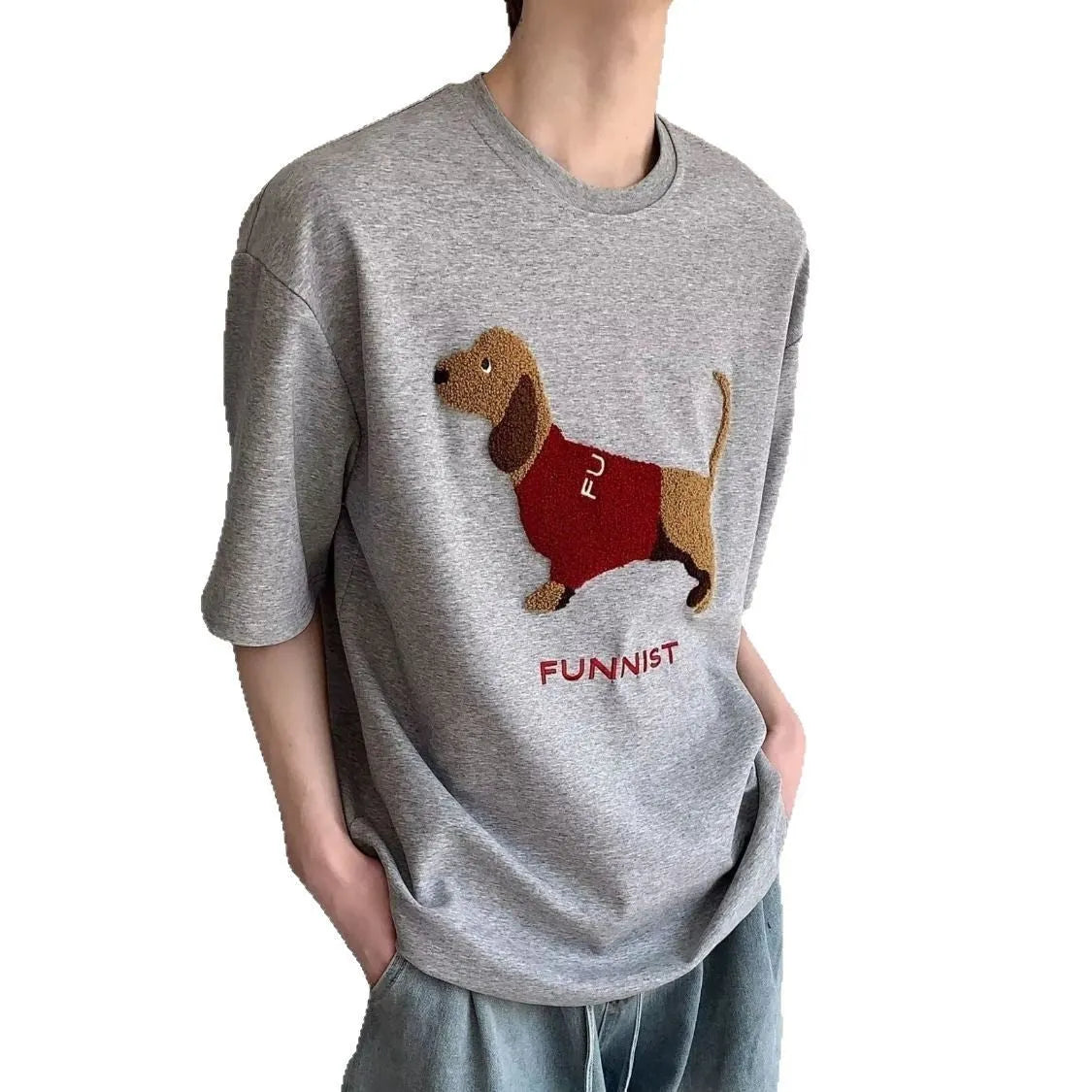 Men's grey cotton T-shirt with sausage dog towel embroidery on front, short sleeves, round neck