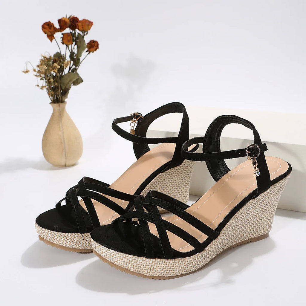 Women's wedge sandals with fish mouth toe design in black or milky white colour