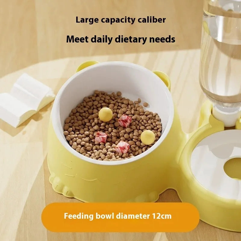 Double bowl automatic pet drinking basin in stainless steel and ceramic on a floor.
