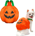 Orange plush pumpkin-shaped Halloween costume for a small dog, showing pullover design and soft texture.