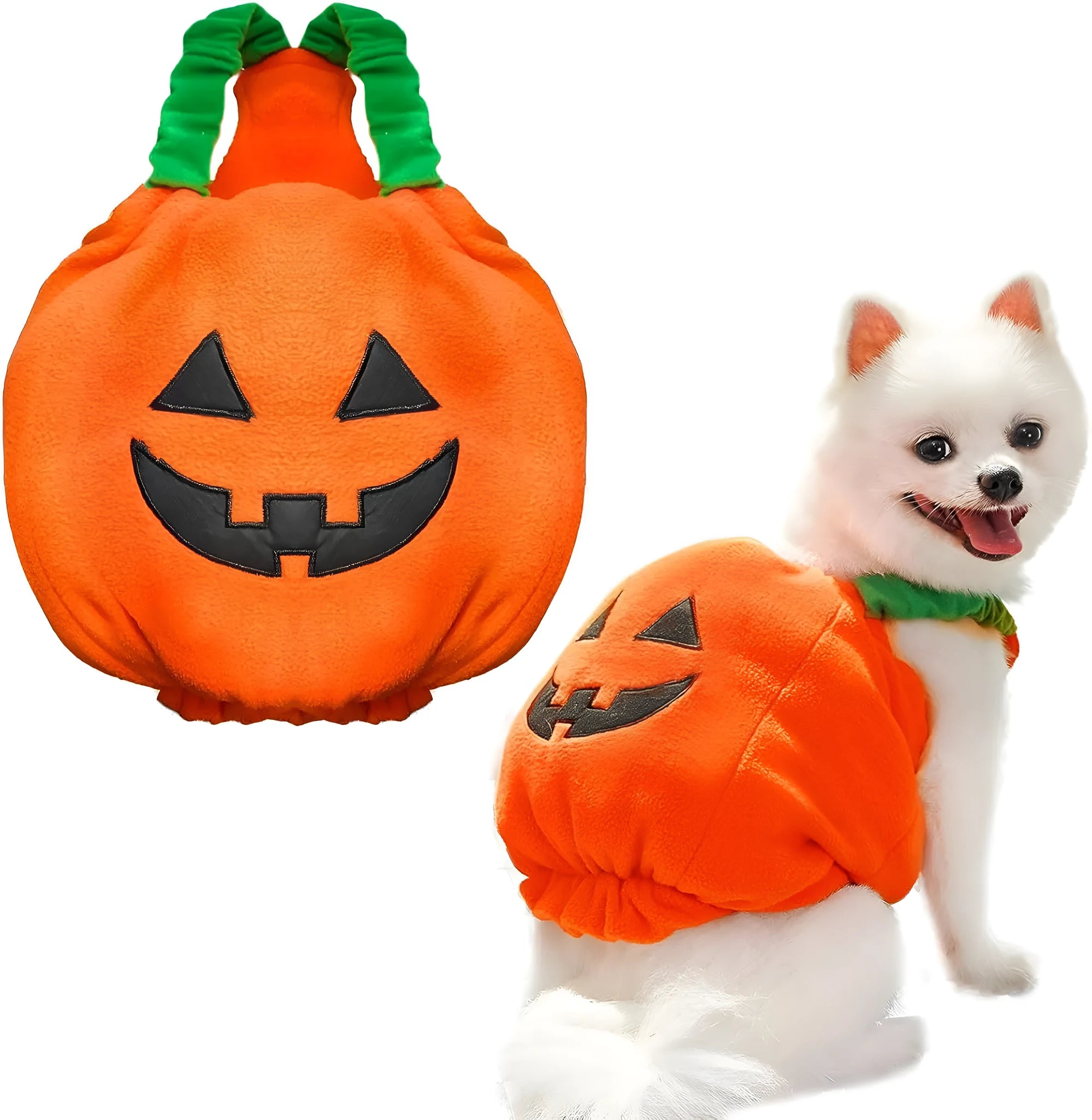 Orange plush pumpkin-shaped Halloween costume for a small dog, showing pullover design and soft texture.