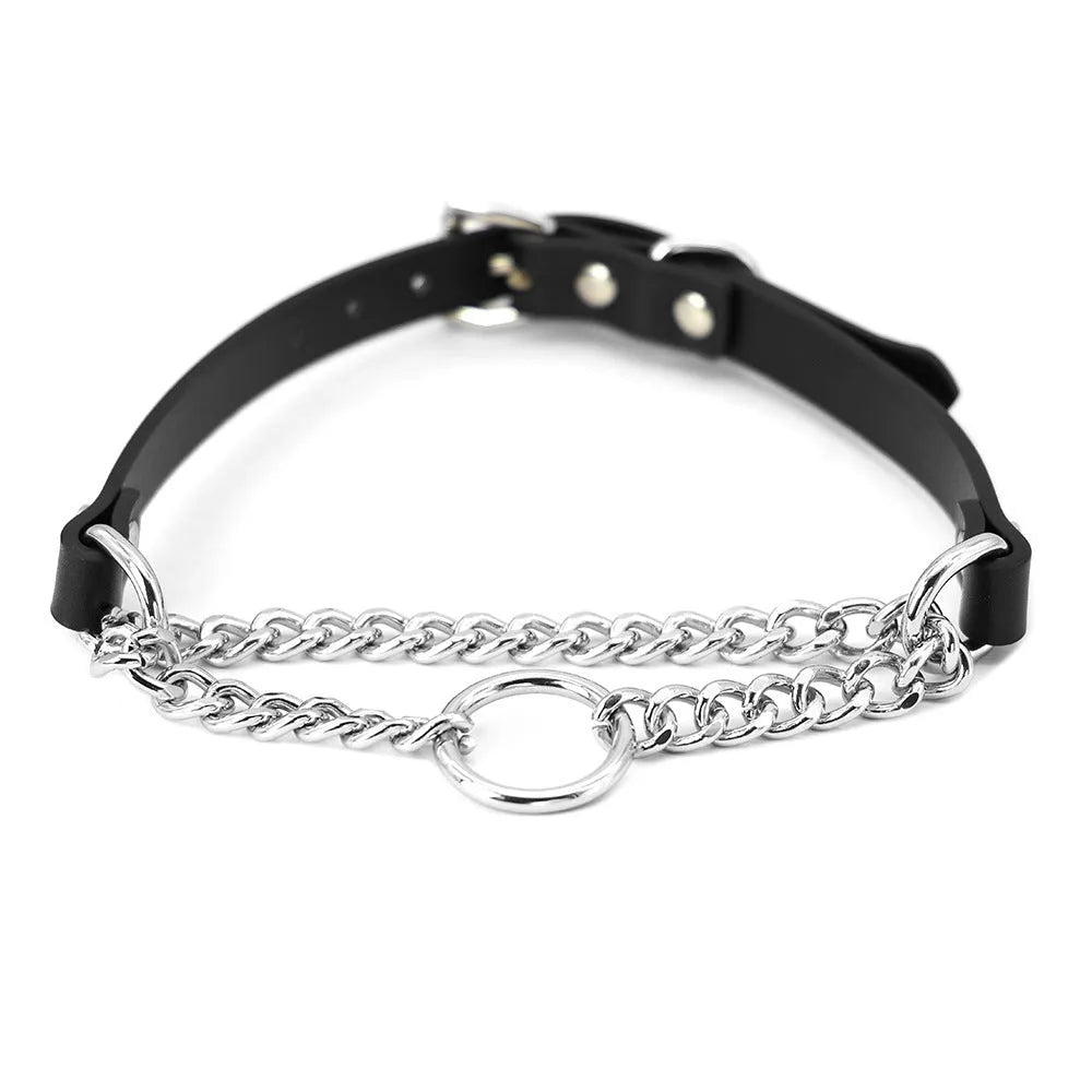 Black leather dog collar and leash set with tightening chain and hand grip rope