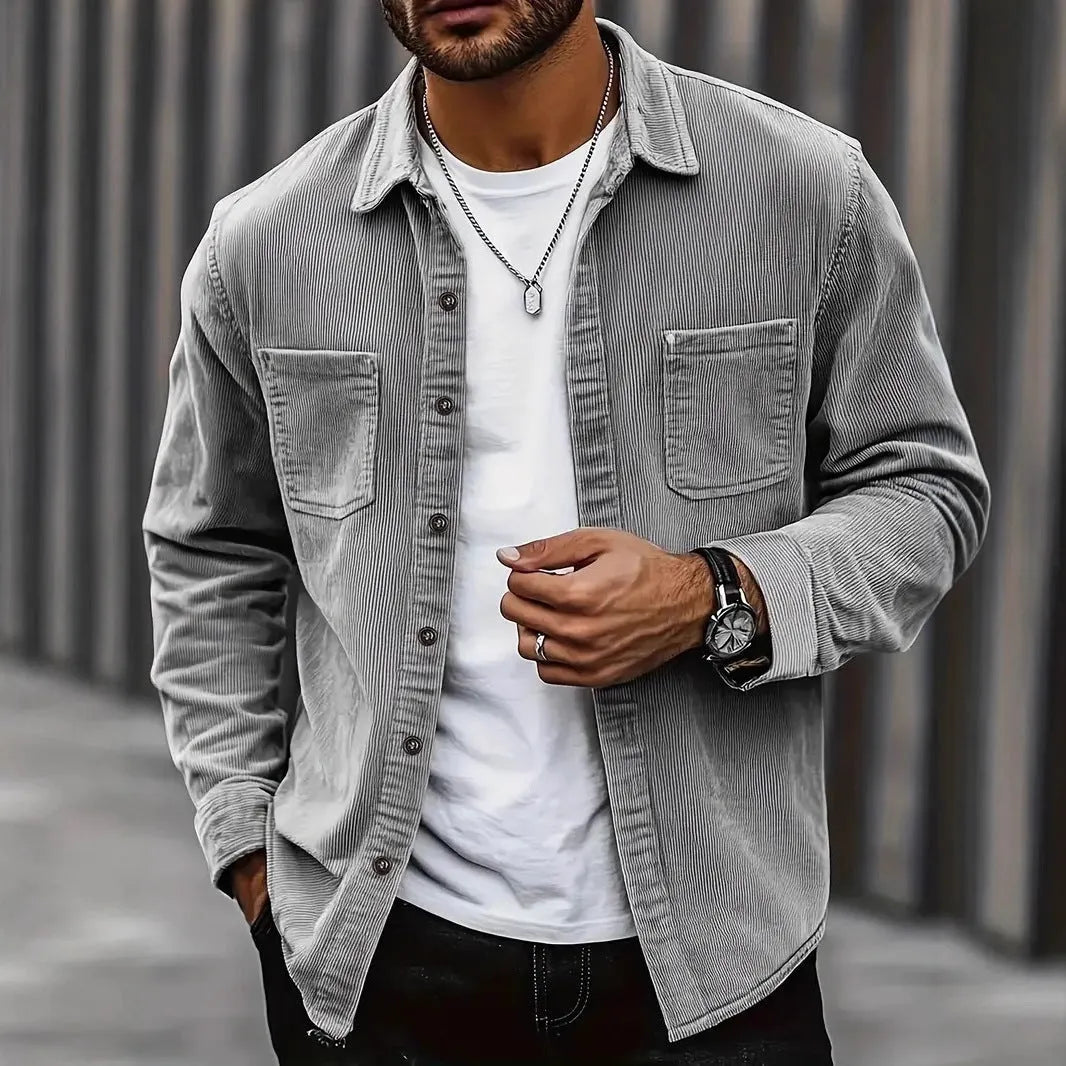 Men's corduroy button jacket in solid colour – army green, front view, with button closure and classic collar