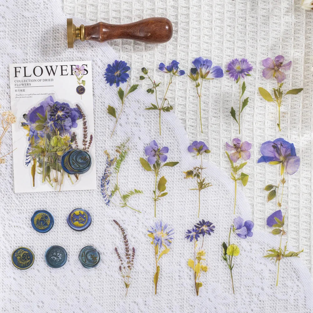 Dried flower journal decoration sticker set showing eight artistic styles on 70mm PET sheets