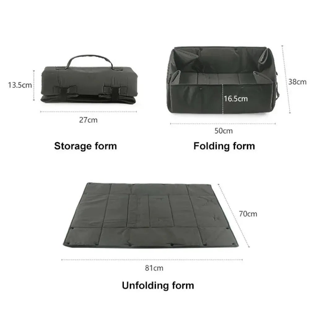 Portable dog travel bed in black, 3-in-1 carrier mat and cushion with collapsible design and carry handle