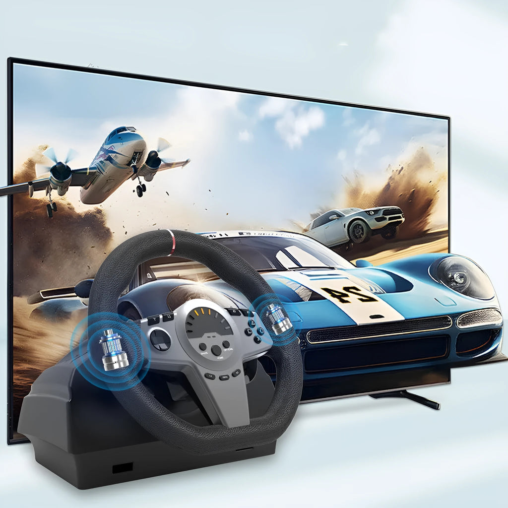 Black multi-platform gaming steering wheel with two pedals and paddle shifters on manual bracket