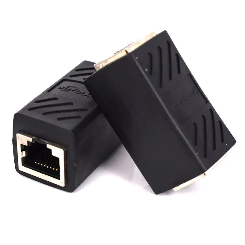 Black RJ45 network cable extender adapter for Ethernet patch cable connections