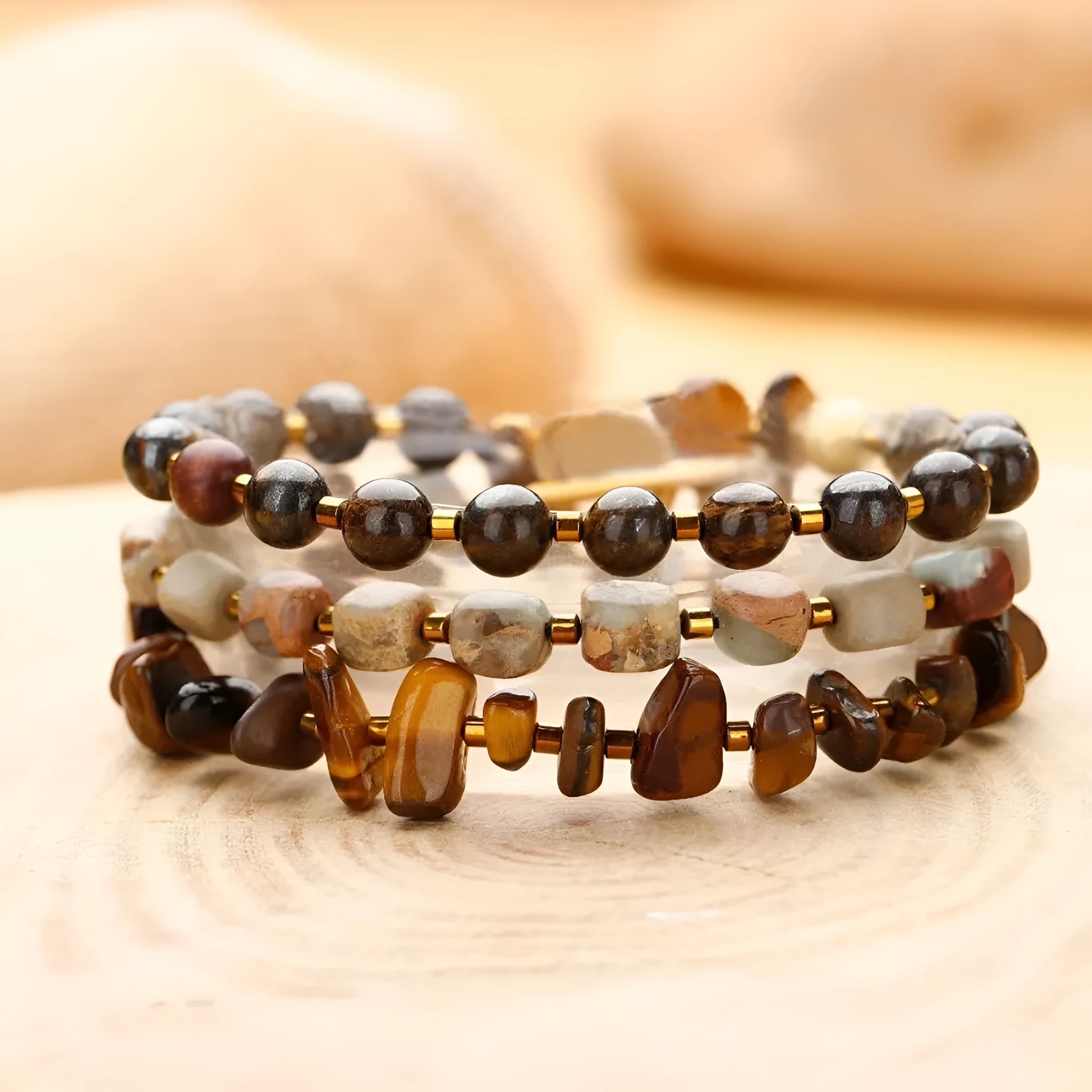 Tigereye stone geometric ball bracelet with bronze setting in brown colour