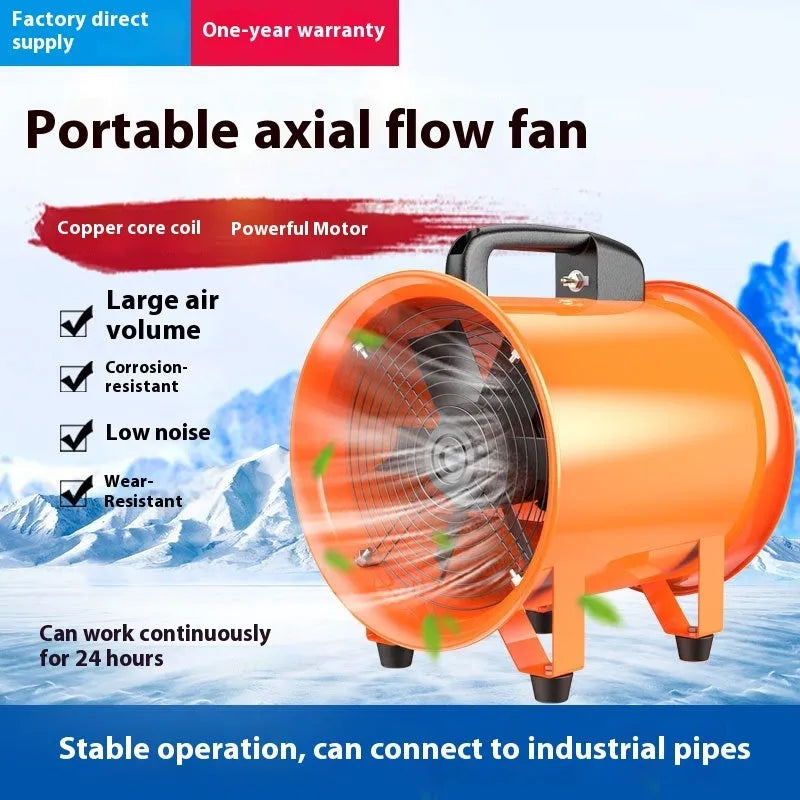 8 inch titanium steel axial flow industrial fan with a 5 metre flexible air duct attached.