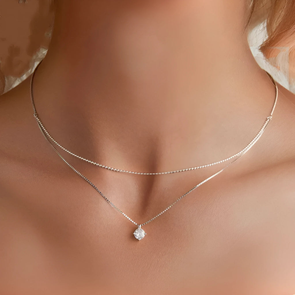 S925 sterling silver necklace with double-layer pendant and pearl chain in silver colour